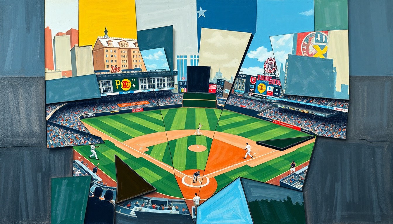 A fractured, multi-perspective painting depicting a baseball game, with the players and field broken down into sharp, overlapping geometric shapes and planes in a cubist style.