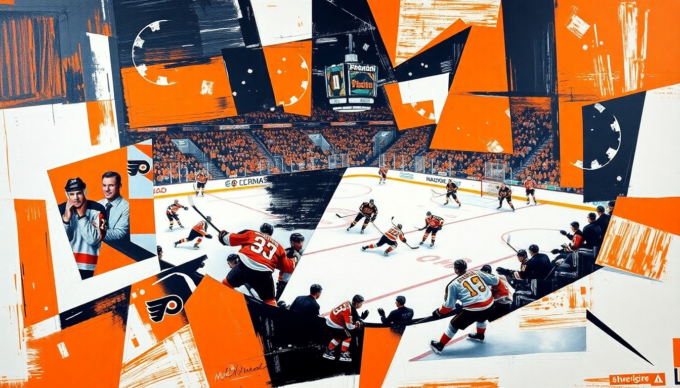 A cubist-style painting depicting a Flyers hockey game, with the players and action broken down into sharp, overlapping geometric shapes in vibrant orange, black, and white colors.