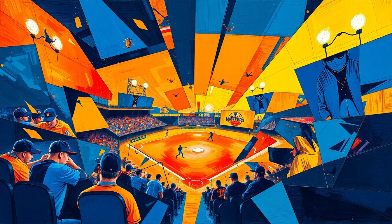 A fractured, cubist-style painting depicting a baseball game in sharp, overlapping geometric shapes and planes of navy blue, orange, royal blue, and yellow, representing the intense rivalry between the Charleston RiverDogs and Columbia Fireflies.