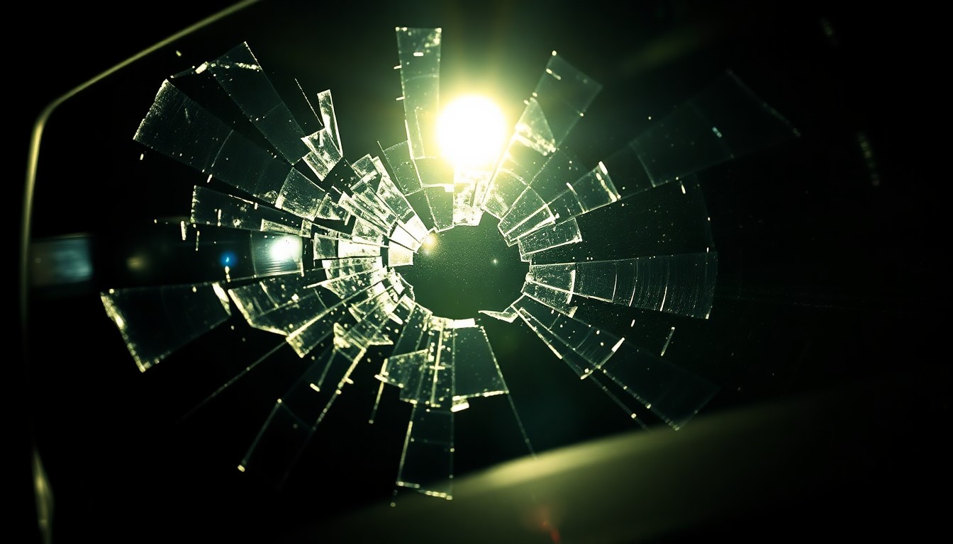 An extreme close-up photograph of shattered car window glass reflecting the harsh light of a camera flash, conceptually representing the aftermath of a high-speed police pursuit.