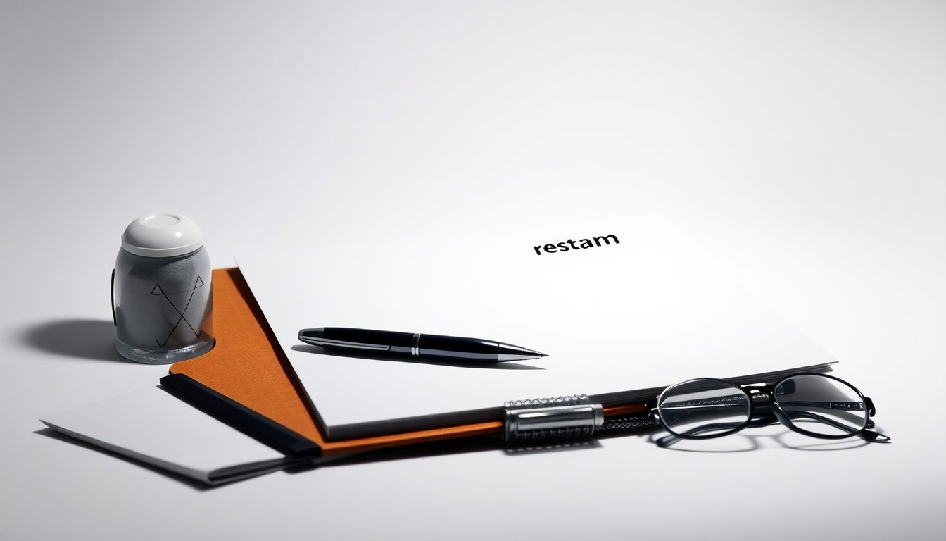 A minimalist, high-contrast studio still life photograph featuring a neatly arranged collection of office supplies and job search materials, symbolizing the serious and focused nature of the job search process.