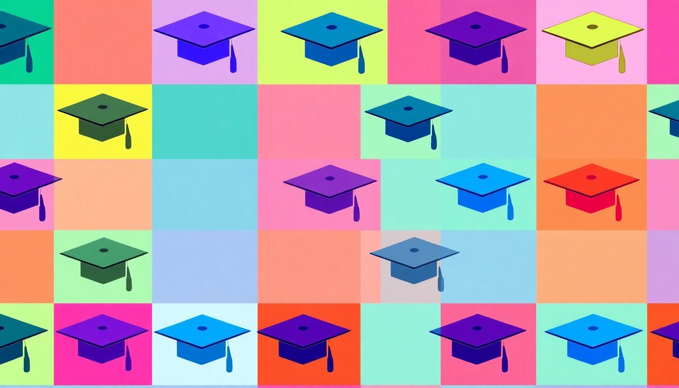 A brightly colored, high-contrast silkscreen print of a graduation cap icon repeated in a tight grid pattern, conceptually representing the shift in higher education to focus on post-completion outcomes for students.