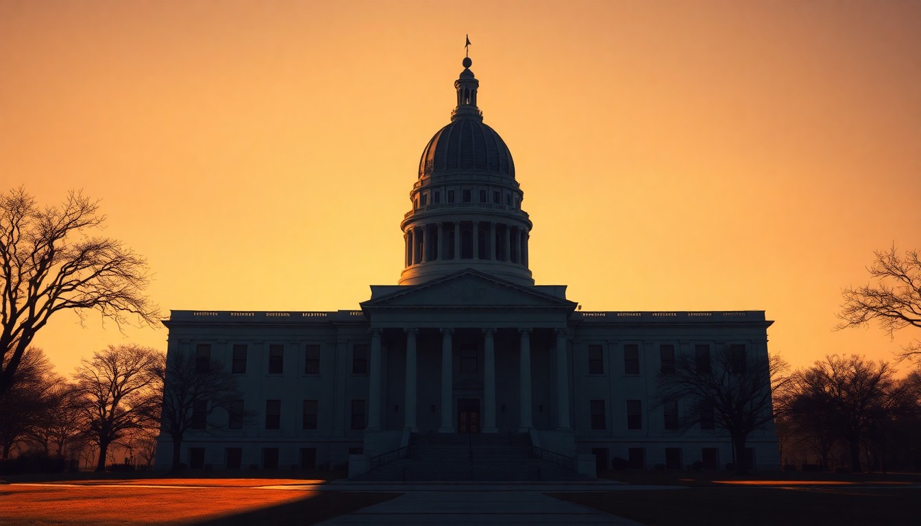 A photorealistic painting of the Texas state capitol building in Austin, rendered in the warm, cinematic style of Edward Hopper. The stately structure is bathed in dramatic diagonal sunlight, casting deep shadows that convey a sense of transition and uncertainty surrounding the political events unfolding within.