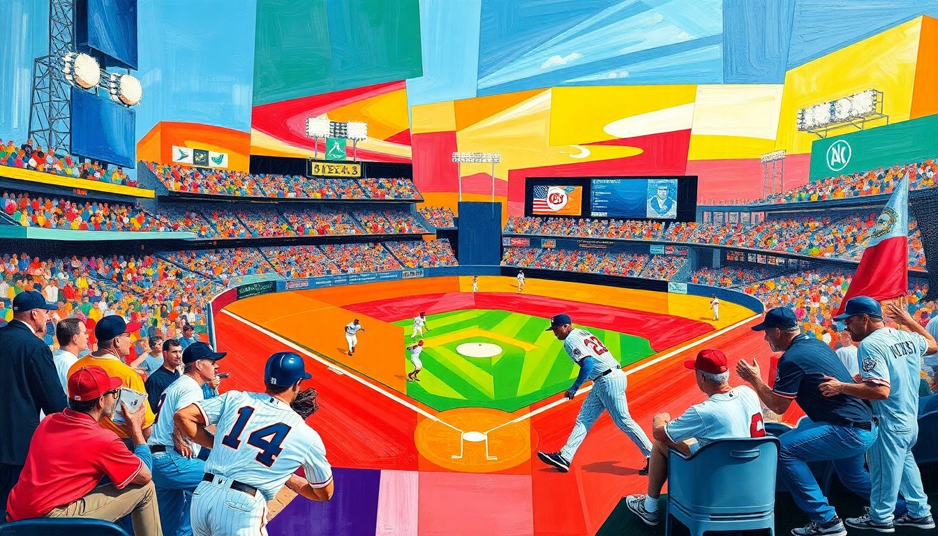 A cubist-style painting depicting a baseball game broken down into sharp, overlapping geometric shapes and planes in the team's colors, conveying the dynamic action and energy of the sport.