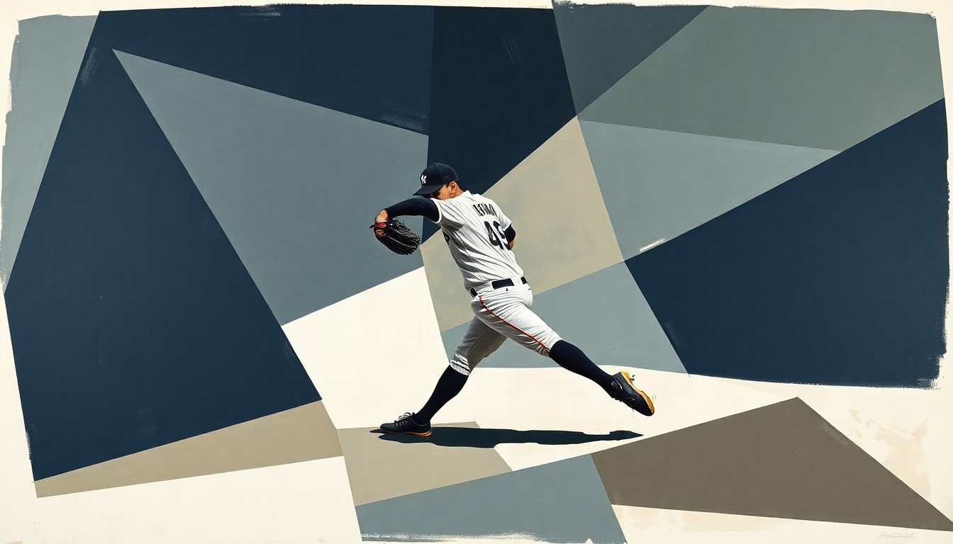 A cubist-style painting depicting Tatsuya Imai's pitching motion broken down into overlapping geometric shapes in shades of blue and gray, conveying the difficulty of his transition to the MLB.