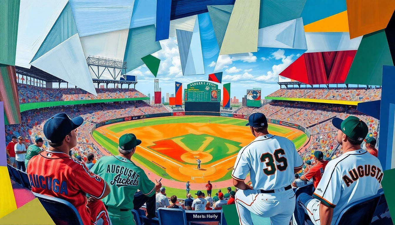 A cubist-style painting depicting the opening day baseball game between the Augusta GreenJackets and Fayetteville Woodpeckers, with players, baseballs, and stadium elements fractured into overlapping geometric shapes and planes in a vibrant color palette.
