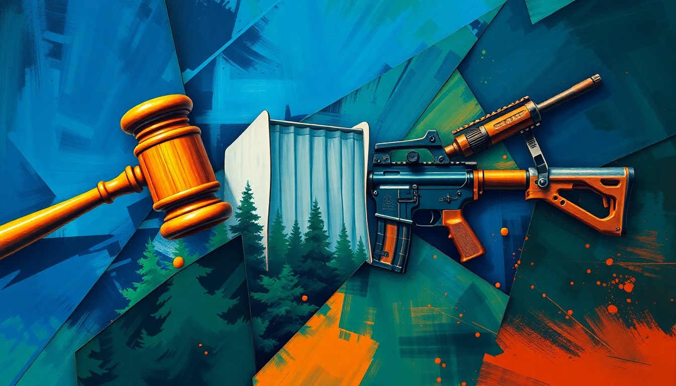 A vibrant, abstract painting featuring overlapping geometric shapes and fractured lines in shades of blue, green, and orange, conceptually representing the complex political debates surrounding Governor Spanberger's proposed legislative changes.