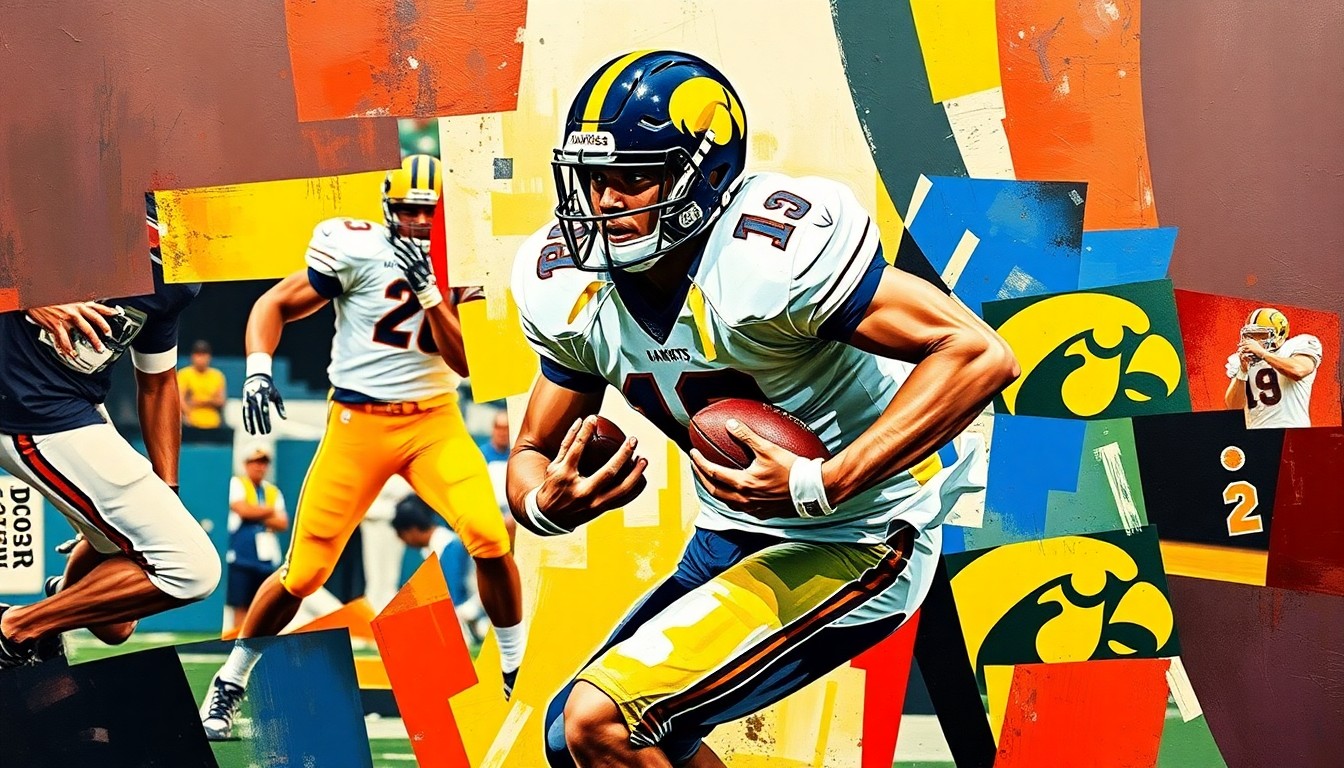 A fragmented, geometric painting depicting a high school football player in motion, with the colors of the West Lyon Wildcats and Iowa Hawkeyes overlapping in sharp, angular planes.