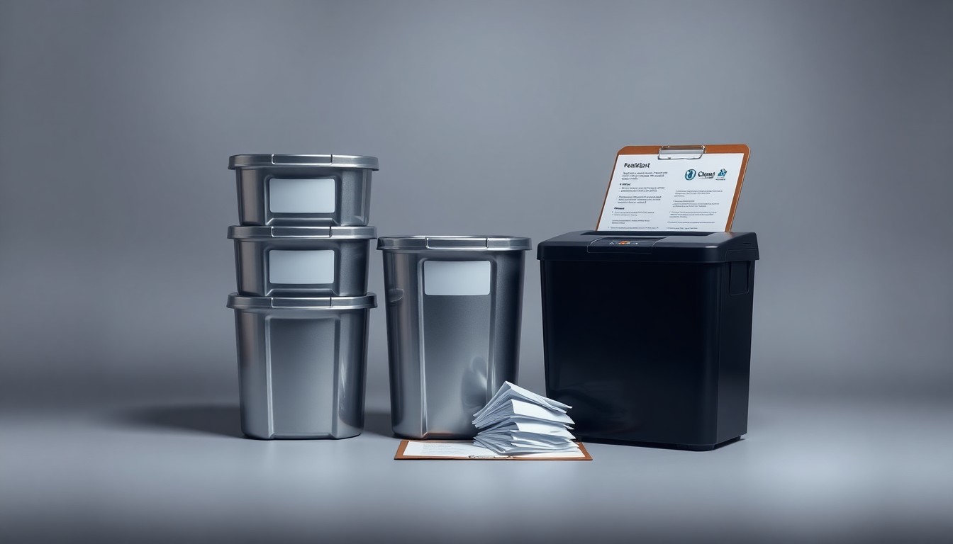 A high-end, photorealistic studio still-life photograph featuring a stack of medical waste containers, a shredder, and a clipboard with medical forms, all arranged elegantly on a clean, monochromatic seamless background, conceptually representing the medical waste industry and document destruction.