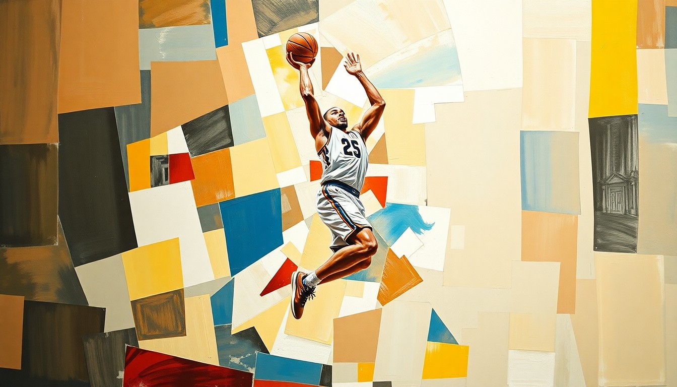 A cubist-style painting depicting a college basketball player in mid-jump shot, broken down into sharp, overlapping geometric shapes and planes in a variety of bright colors, conceptually representing the fragmented nature of the recruiting process.