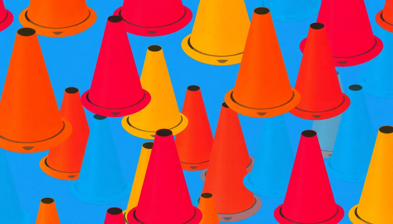 A highly stylized, repeating pattern of a bright orange traffic cone in a grid, rendered in a bold, high-contrast silkscreen print style, conceptually representing the temporary road construction in downtown Edwardsville.