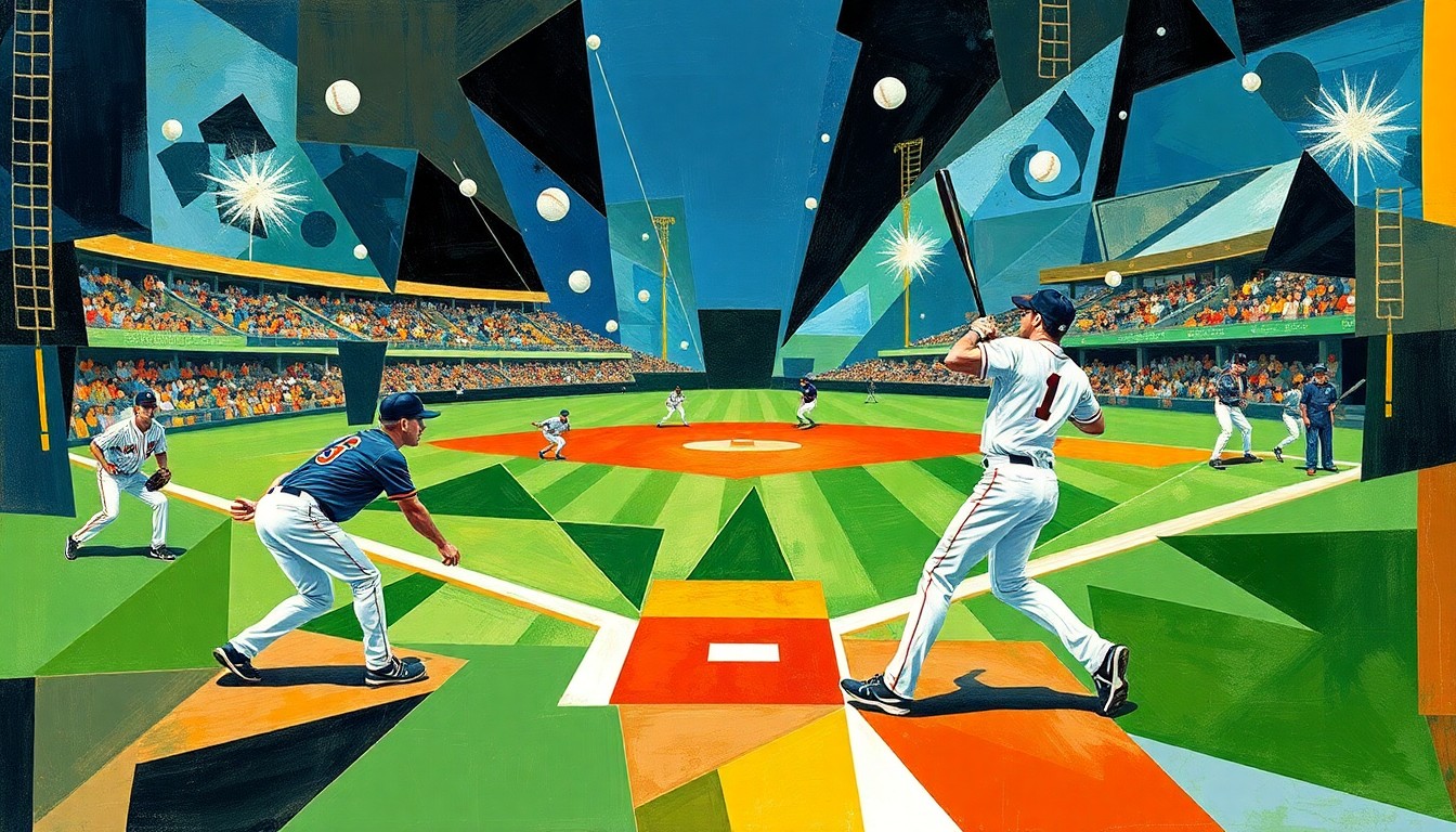 A fragmented, geometric painting depicting the dynamic motion and energy of a high school baseball game, with players, bats, and baseballs rendered in an abstract, cubist style.