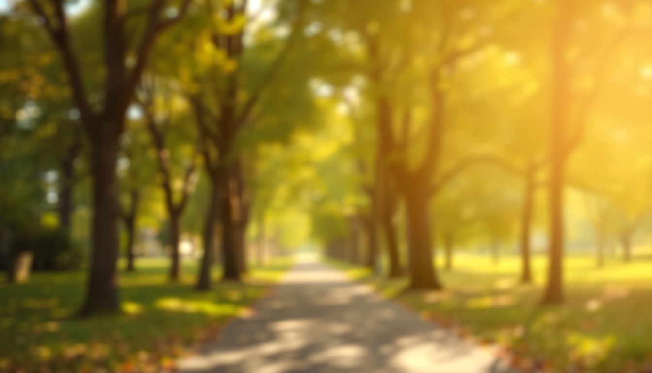An abstract, out-of-focus photograph of a park pathway with soft, warm light filtering through the trees, creating a serene and contemplative mood.