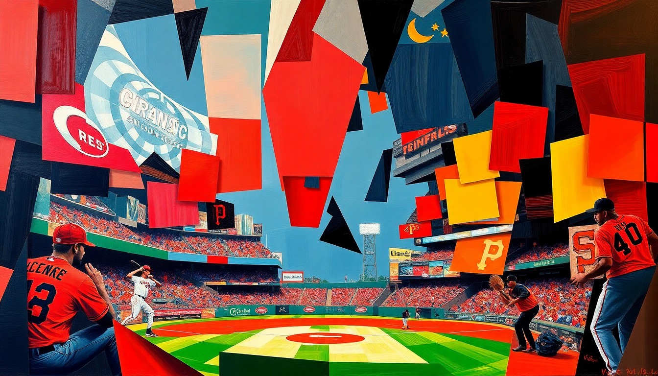 A fractured, multi-perspective painting depicting a baseball game between the Cincinnati Reds and San Francisco Giants, with the players and field broken down into sharp, overlapping geometric planes in a cubist style using the teams' vibrant colors.