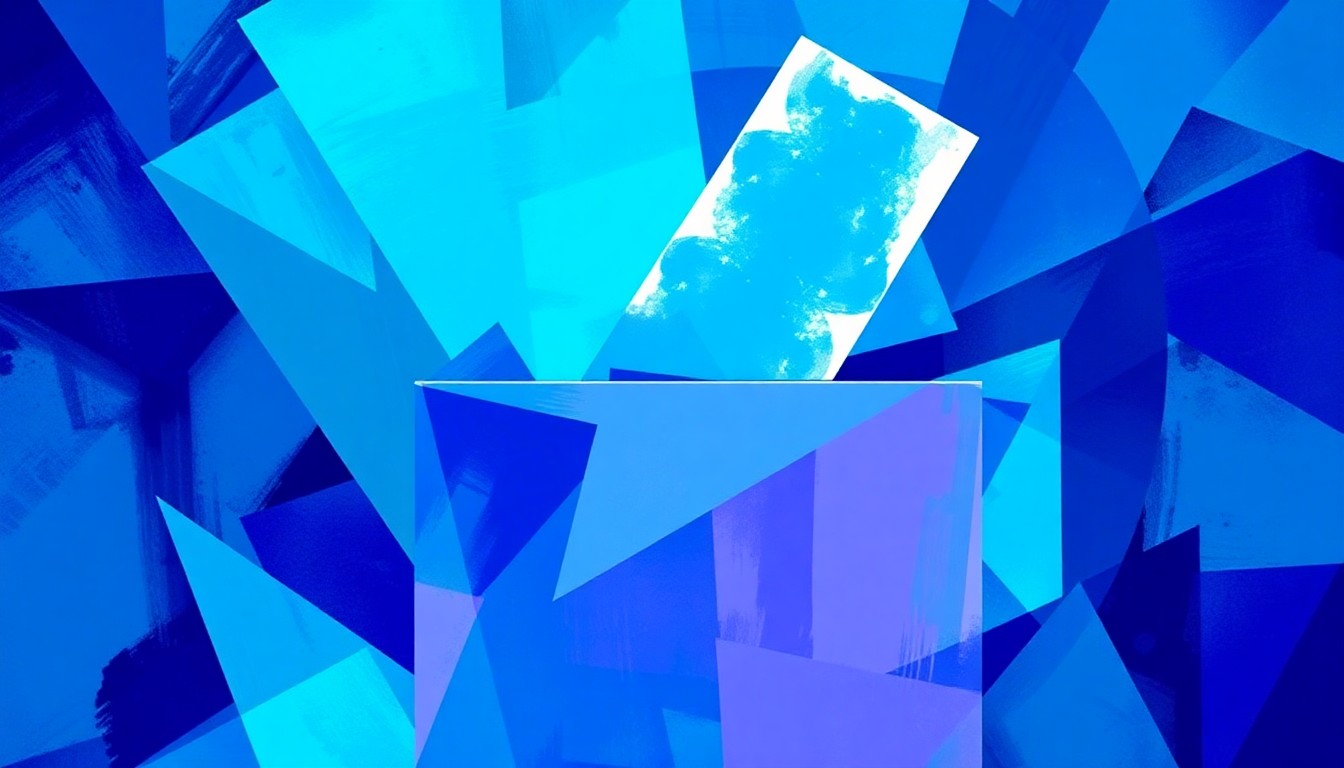 A fractured, overlapping geometric painting in shades of deep blue, teal, and violet, depicting an abstract representation of a ballot box or voting booth, conveying the dynamic political energy around this ballot initiative.