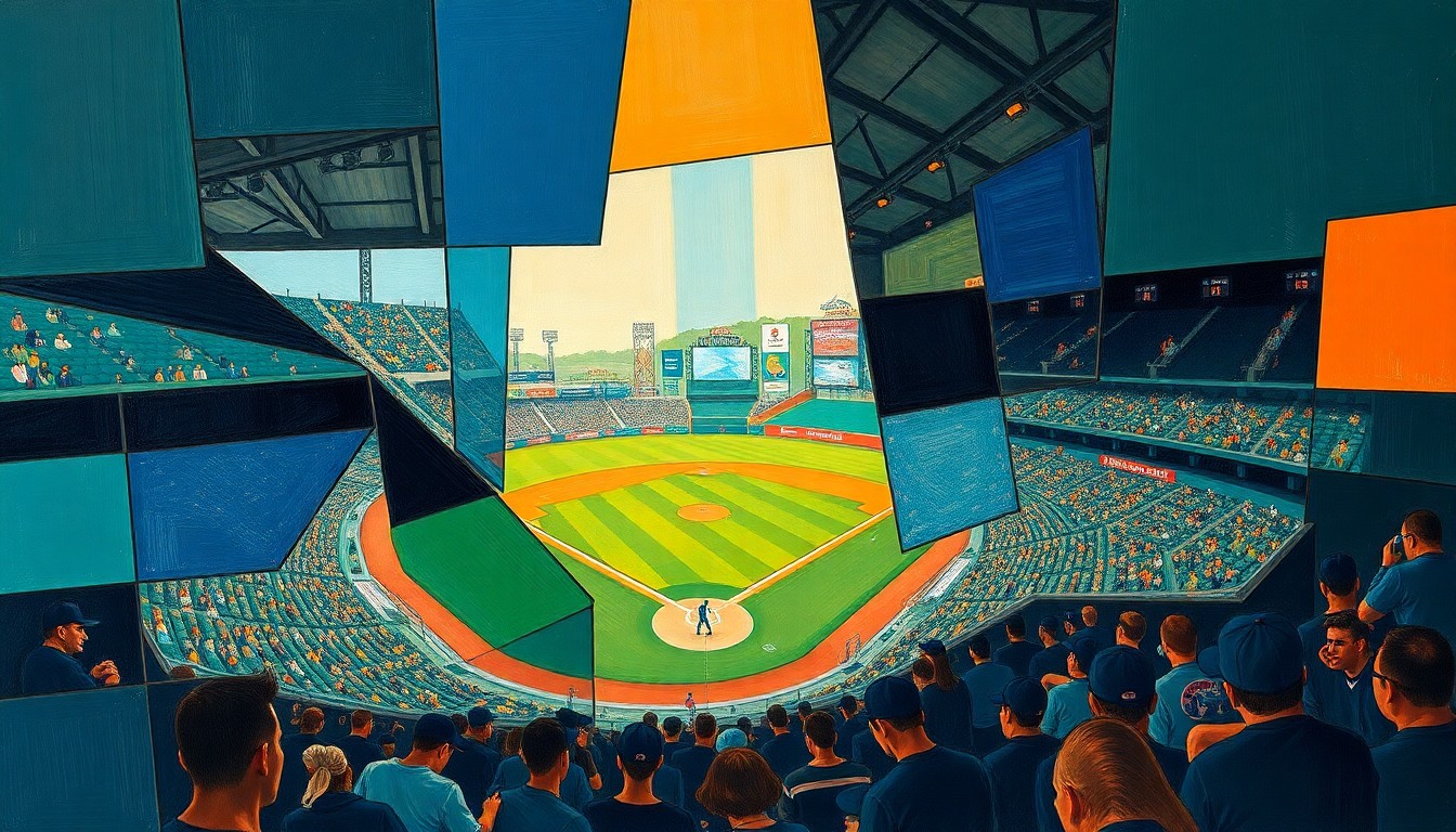 A fragmented, geometric painting depicting a baseball game in progress, with the stadium and players broken down into sharp, overlapping planes of navy, green, and orange, conveying the tension and uncertainty of the severe weather situation.
