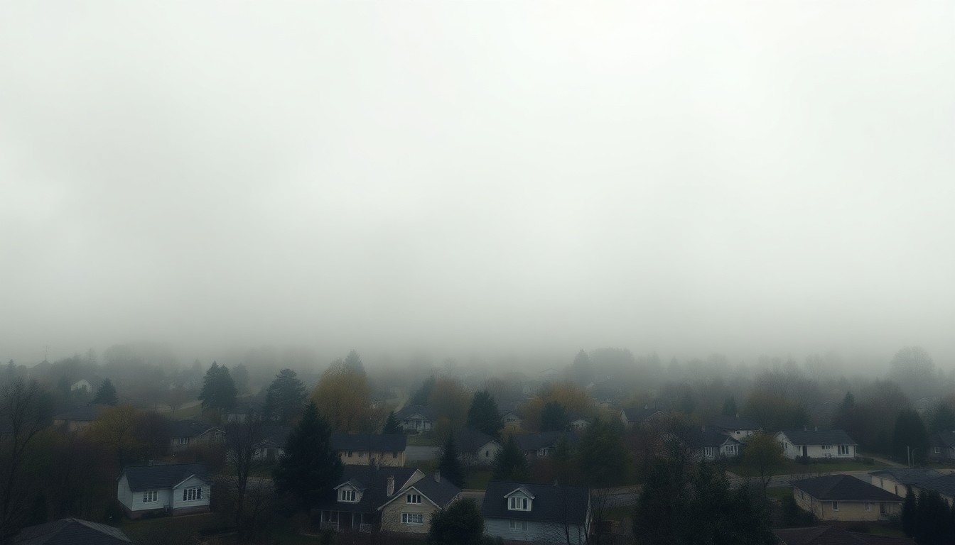 A vast, atmospheric landscape painting in muted tones of gray and blue, depicting a suburban neighborhood shrouded in heavy fog, with the homes and trees barely visible against the overwhelming scale of the natural environment.