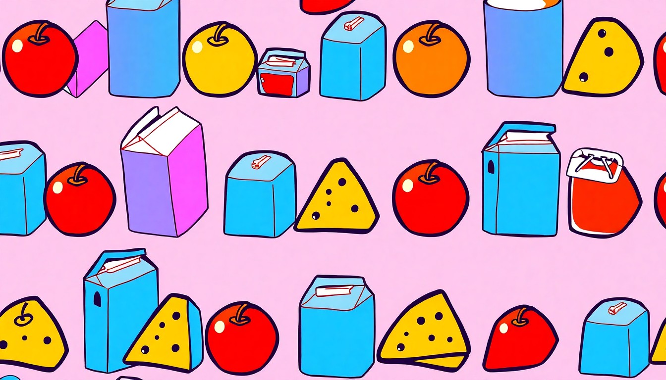 A brightly colored, high-contrast silkscreen print of a single, iconic school cafeteria tray item such as an apple, carton of milk, or slice of pizza, repeated in a tight grid pattern to represent the essential role schools play in providing meals and nourishment for students.