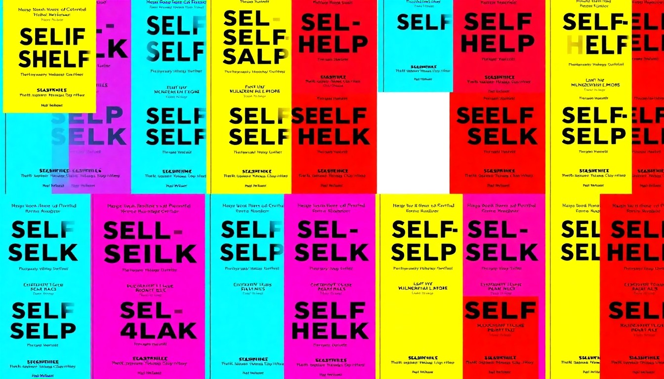 A tightly cropped, high-contrast silkscreen print of a single book cover in a grid pattern, using bold neon colors and heavy black outlines to transform an everyday object into a modern pop art piece, conceptually representing the themes of self-improvement and personal growth explored in the book.