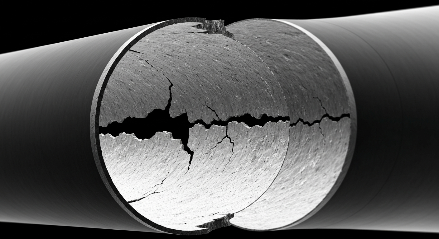 A ghostly, translucent X-ray image showing the internal structure of a damaged natural gas pipe, highlighting the hidden dangers of aging pipelines.