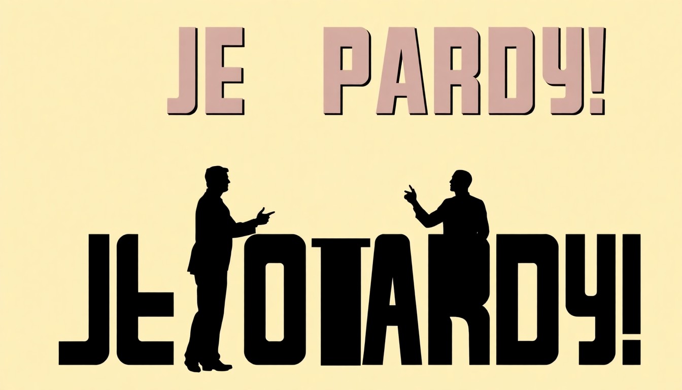 An abstract, minimalist composition of bold, jagged black silhouettes and high-contrast solid colors, representing the intense competition and drama of the 'Jeopardy!' game show.