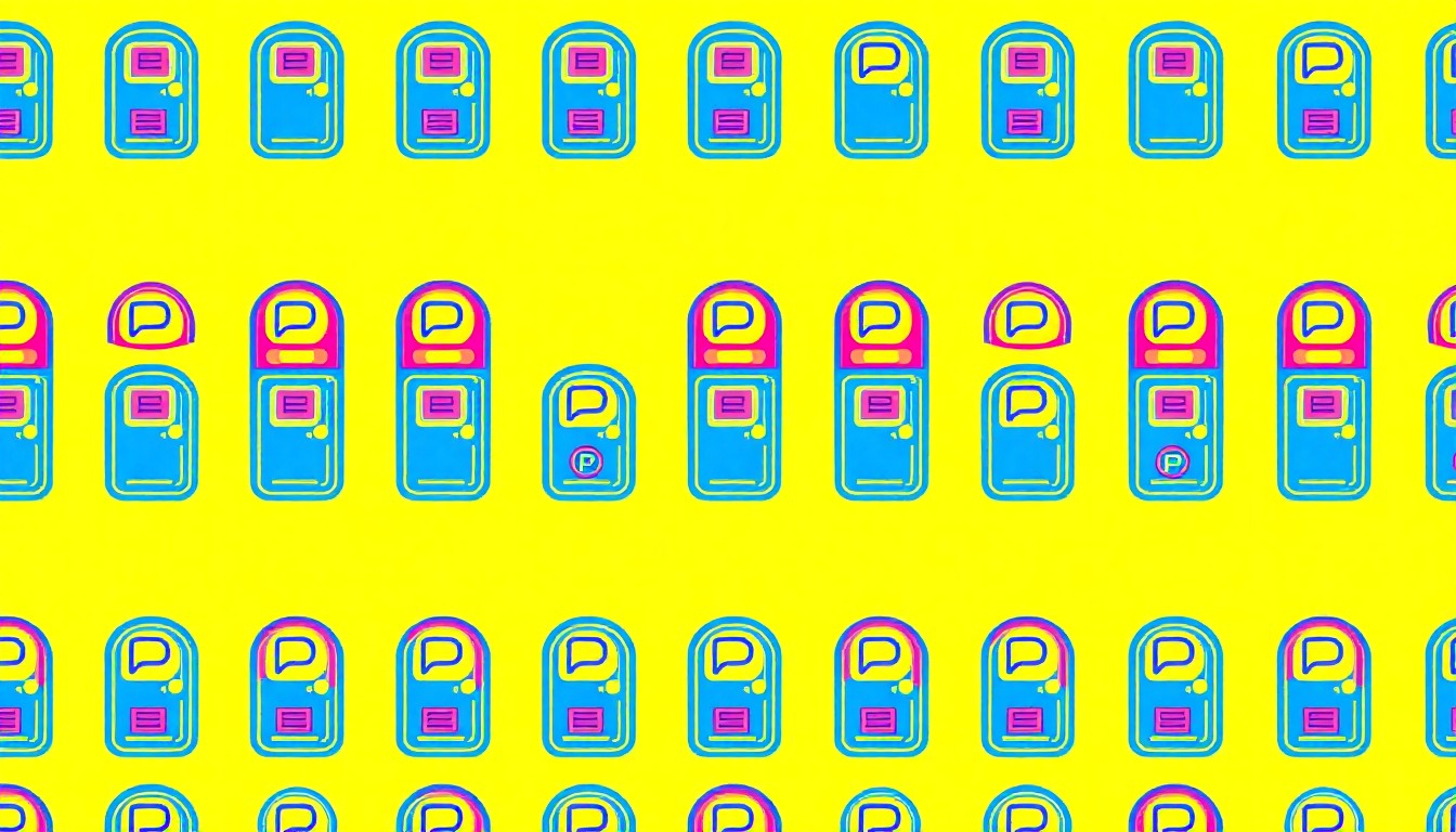 A bold, graphic illustration featuring a repeating pattern of a parking meter icon in neon blue, pink, and yellow, conceptually representing the need for vigilance against parking scams during major events.