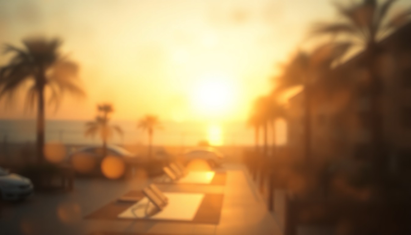 An abstract, impressionistic photograph showing a hazy, out-of-focus scene of a beachfront resort with palm trees and a setting sun, captured in soft, warm pools of light and color that evoke a sense of nostalgia and tranquility.