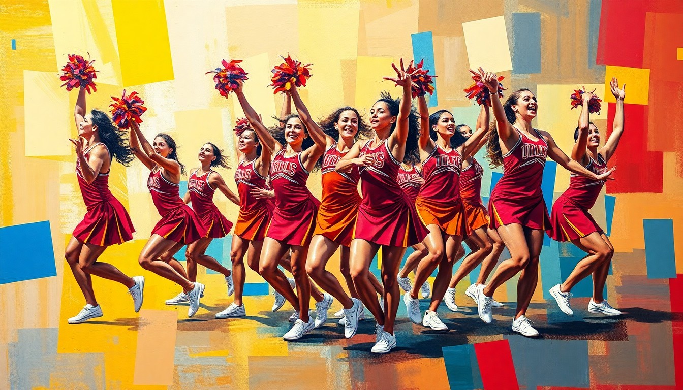 A fractured, cubist-style painting depicting a college cheer and dance team performance, with sharp, overlapping geometric shapes in vibrant crimson red and gold colors representing the energy and teamwork of the athletes.