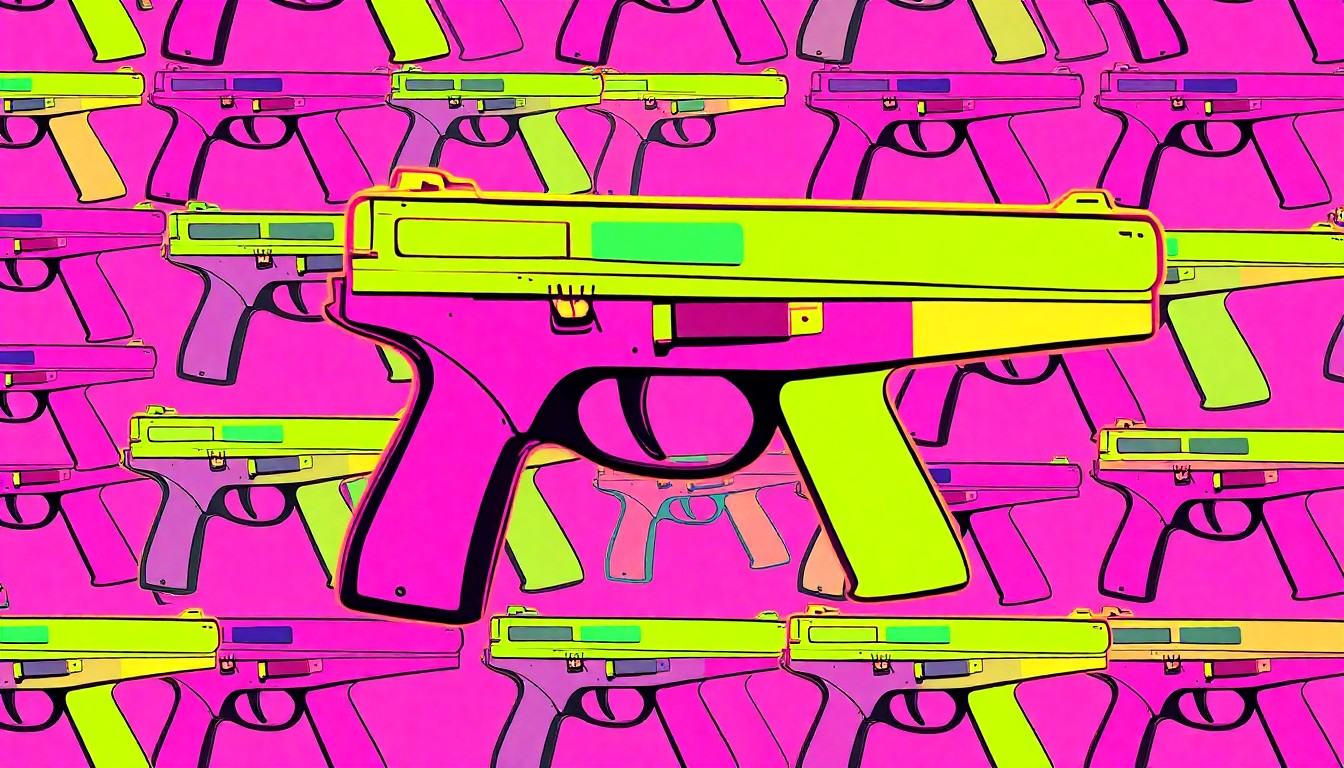 A highly stylized, abstract grid of brightly colored handgun silhouettes in neon shades of red, blue, and yellow, conceptually representing the state's commitment to supporting the firearms industry.