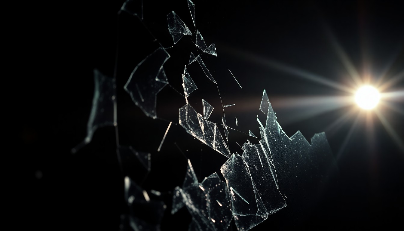 An extreme close-up photograph of shattered glass from a crime scene, lit by a harsh, direct camera flash against a pitch-black background, creating a stark, gritty, investigative aesthetic.