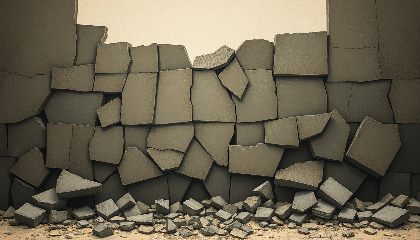 A fractured, geometric painting in muted earth tones depicting the rubble and debris of a bombed-out building, conveying the human toll of the ongoing conflict in the region.
