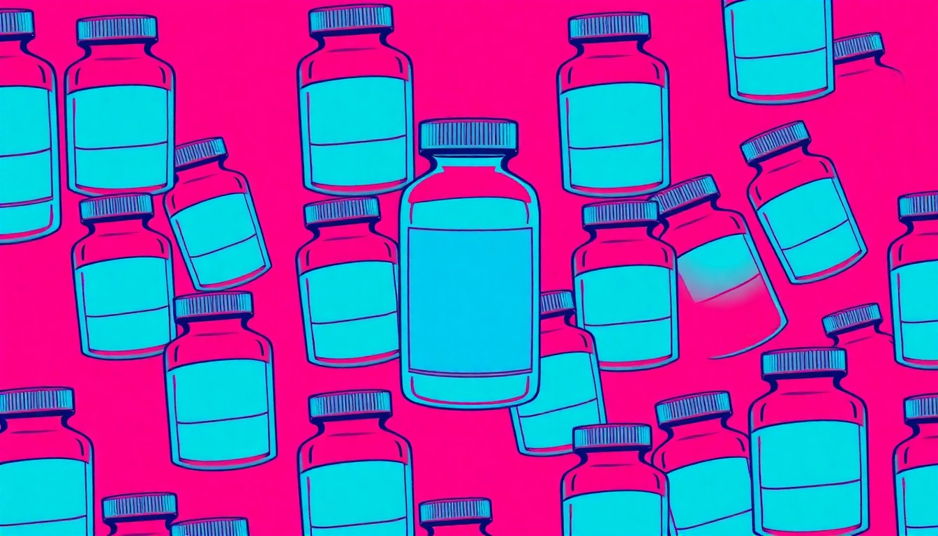 A brightly colored, high-contrast silkscreen print of a bottle of pills or cosmetic product repeated in a tight grid pattern, conceptually representing the 'looksmaxxing' trend and its potential dangers.