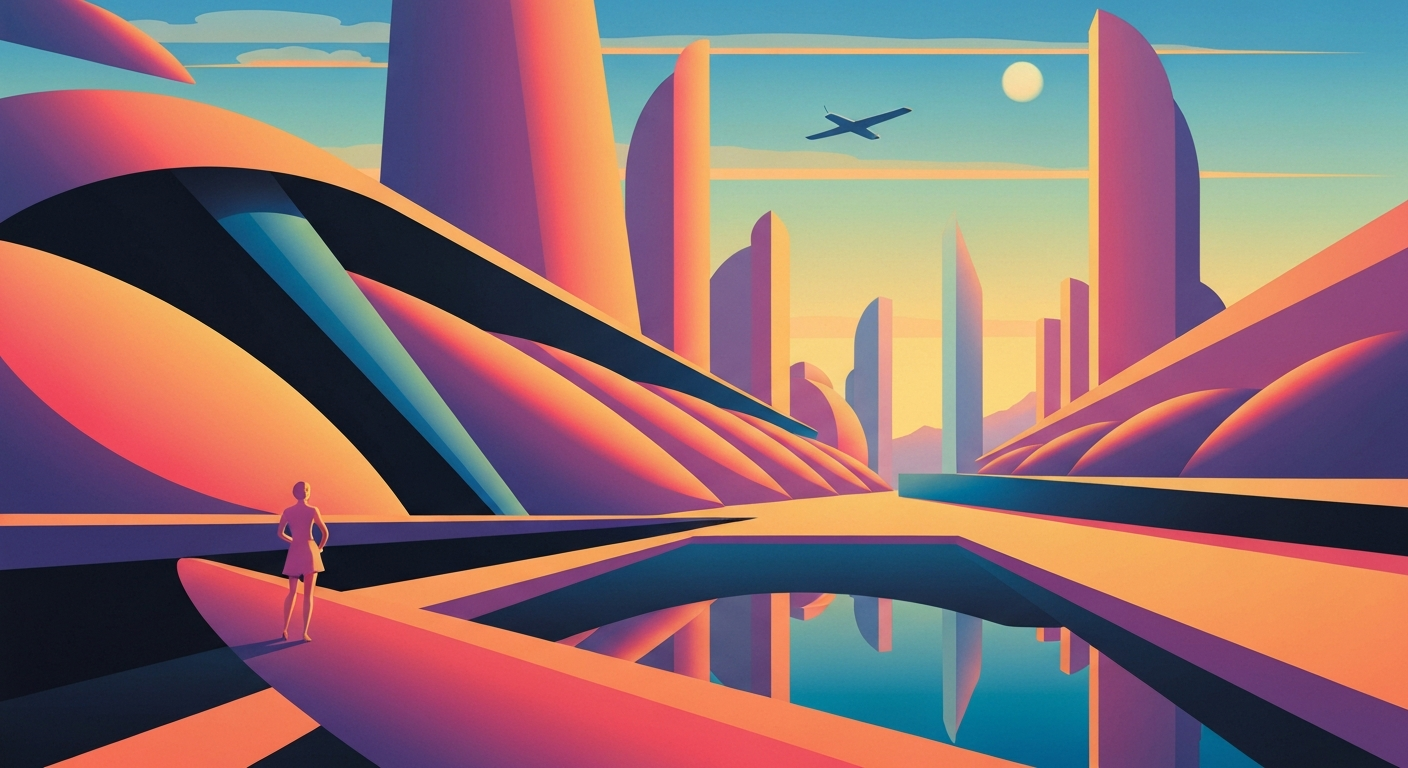 A highly stylized, geometric illustration depicting a sweeping, streamlined landscape with towering architectural forms in shades of blue, gray, and white, conveying the grand scale and romance of travel without any literal depictions.