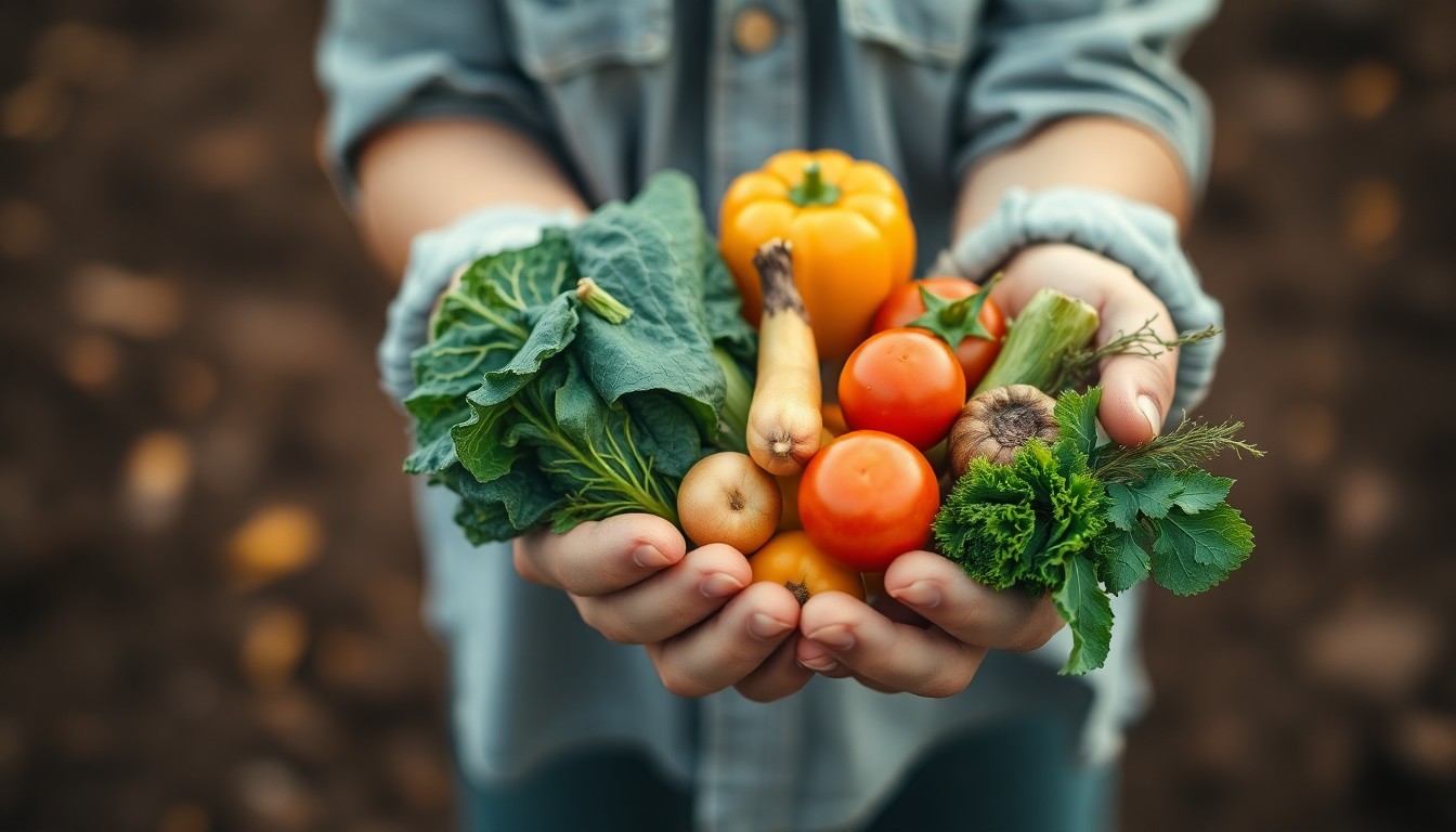 An abstract, impressionistic photograph showing a farmer's hands holding an assortment of fresh fruits and vegetables, with the background blurred into soft, warm tones, conceptually representing the community-focused mission of The Giving Farm.