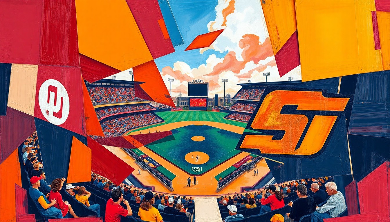 A cubist, geometric painting depicting a baseball game in motion, with overlapping planes of crimson, orange, and navy blue representing the players, field, and stadium elements.