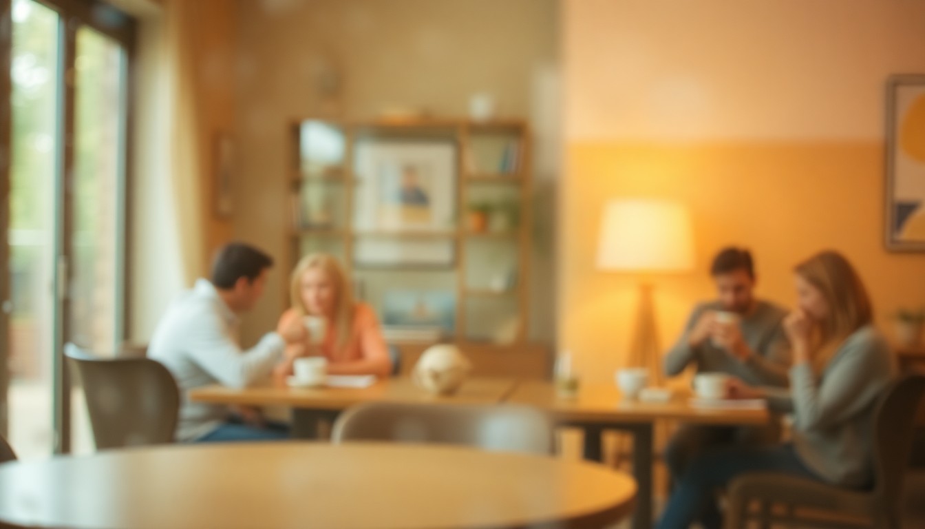 An abstract, impressionistic scene of blurred, warm-toned shapes and colors representing the cozy, intimate experience of drinking coffee at home.