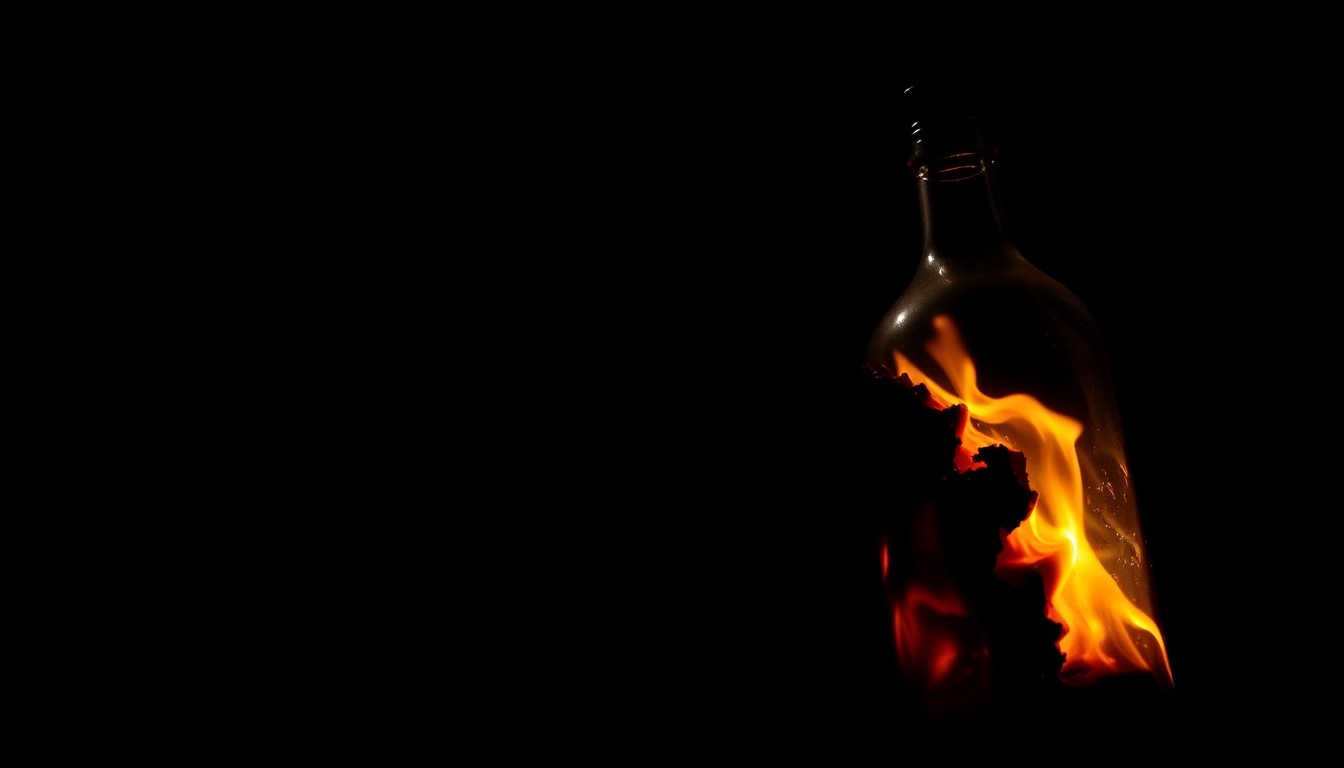 An extreme close-up photograph of a partially melted and charred Molotov cocktail bottle, conceptually illustrating the violent attack on the AI company CEO's home.