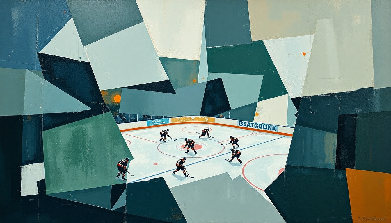 A cubist, geometric painting depicting a hockey game, with players and the rink broken down into overlapping, angular shapes in muted tones of blue, green, and gray.