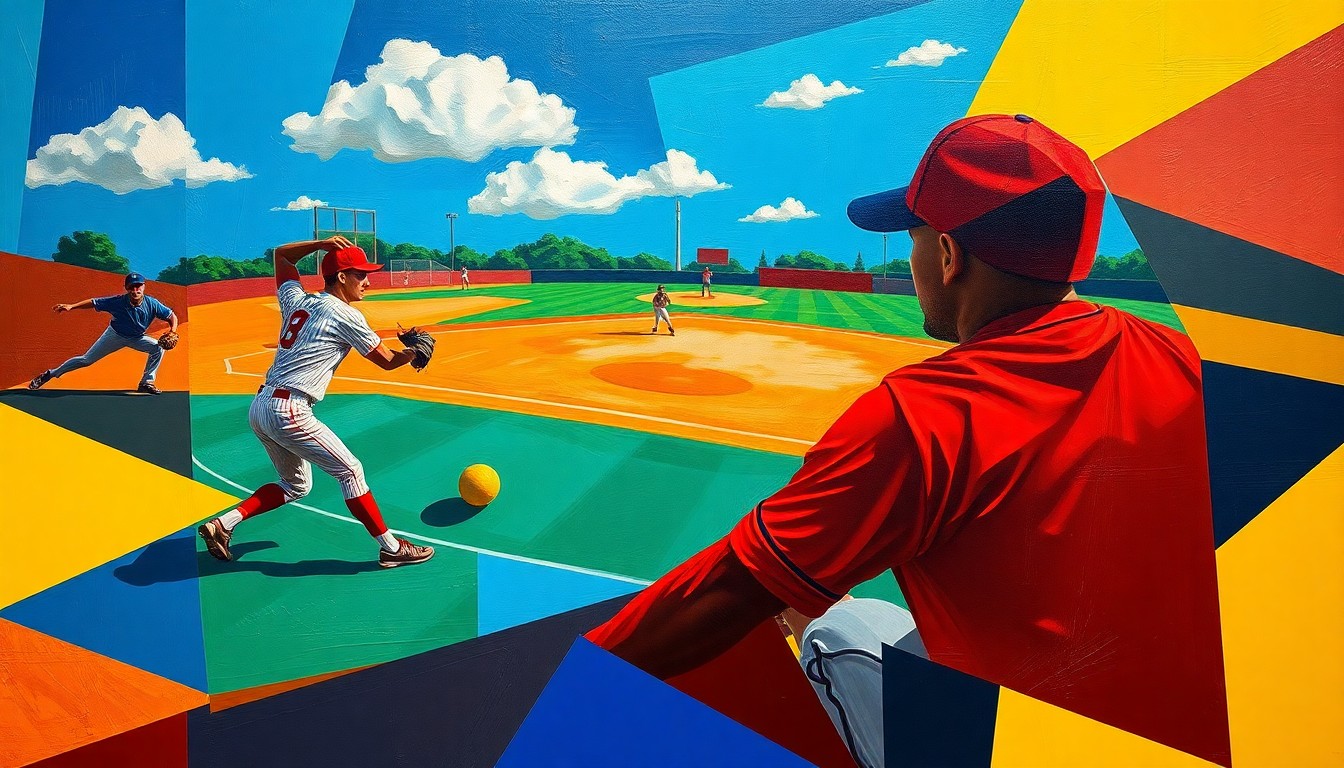 A fragmented, geometric painting in bold colors depicting the action and movement of a softball game, with players and the field deconstructed into abstract shapes and angles.