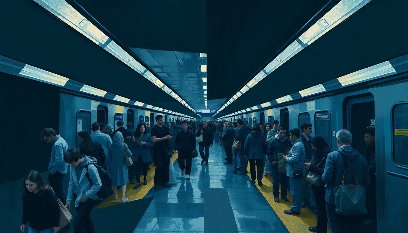 A fragmented, cubist-style painting depicting a crowded train platform, with sharp geometric shapes and planes of dark blue, gray, and steel colors representing the chaotic energy of public transit.