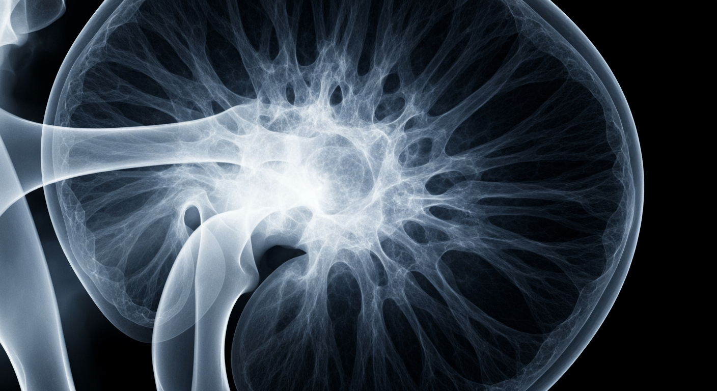 An extreme close-up, translucent X-ray image revealing the intricate internal structure of a kidney tumor, with glowing, ghostly lines defining its complex architecture against a dark background.