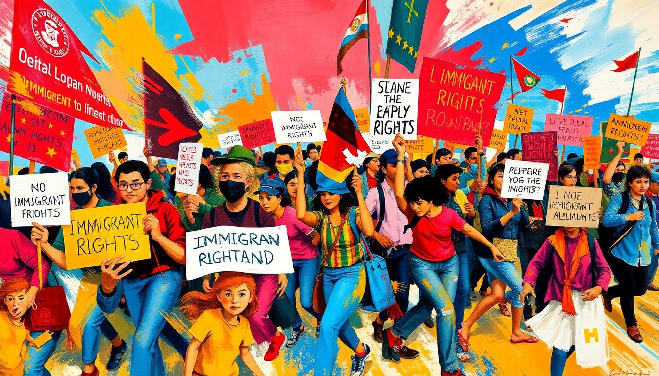A dynamic, abstract painting featuring overlapping geometric shapes and brushstrokes in vibrant shades of red, orange, and blue, conveying the energy and momentum of the immigrant rights movement.
