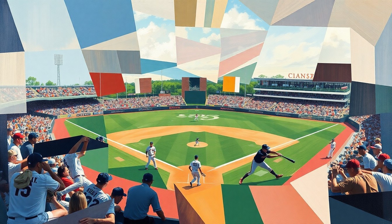 A cubist, geometric painting depicting the dynamic movements and energy of a college baseball game, with players and the field deconstructed into abstract shapes and planes of vibrant colors.