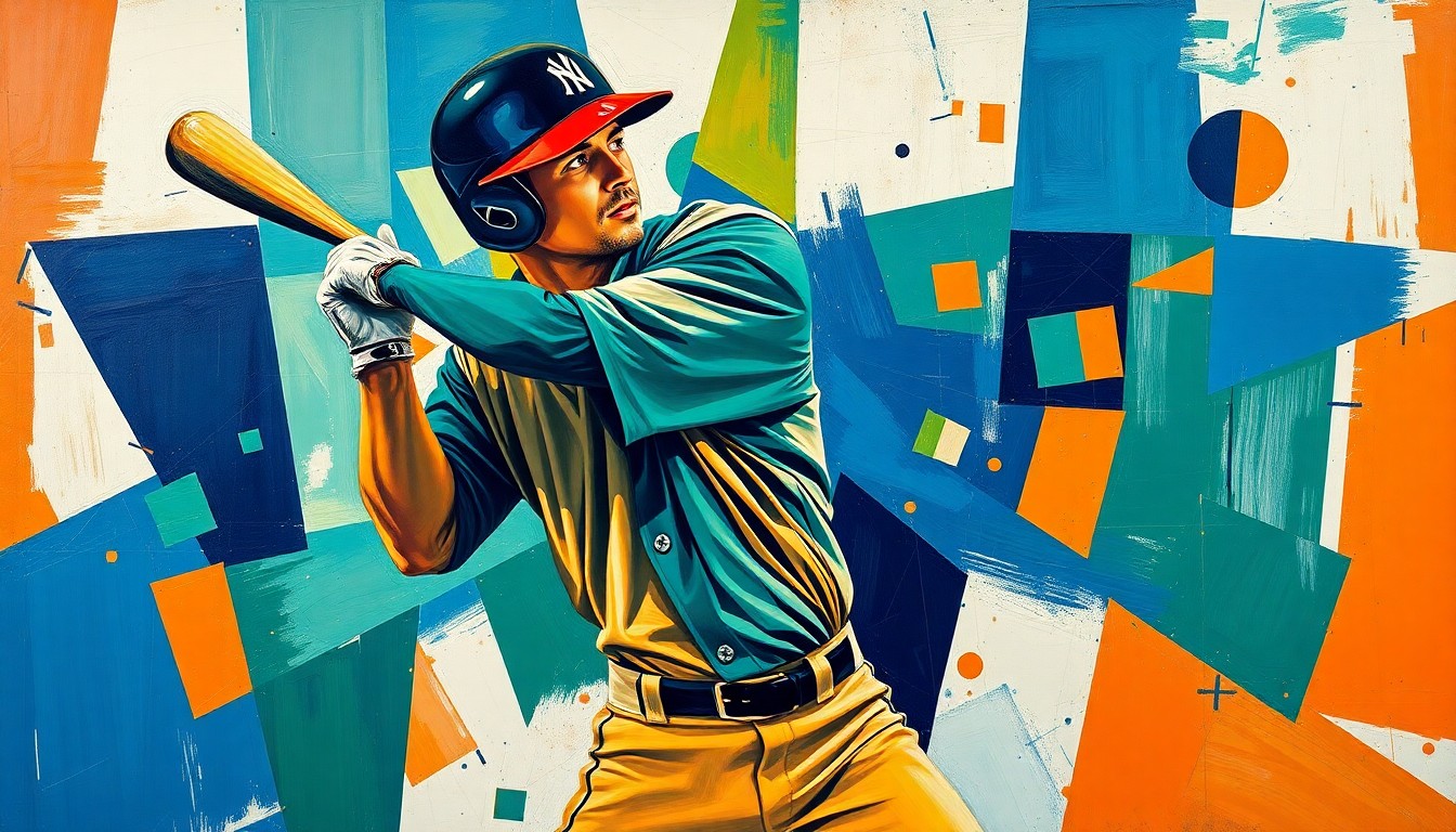 A fractured, geometric painting depicting a baseball player's swing broken down into sharp, overlapping planes of color, conveying the dynamic energy of the sport.