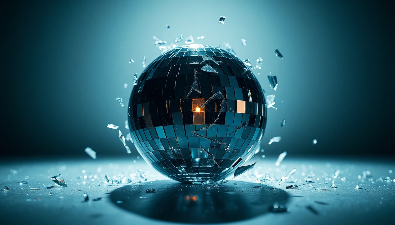 An abstract close-up image of shattered, glittering glass fragments illuminated by dramatic studio lighting, conveying a sense of the fragility and glamour of the entertainment industry.