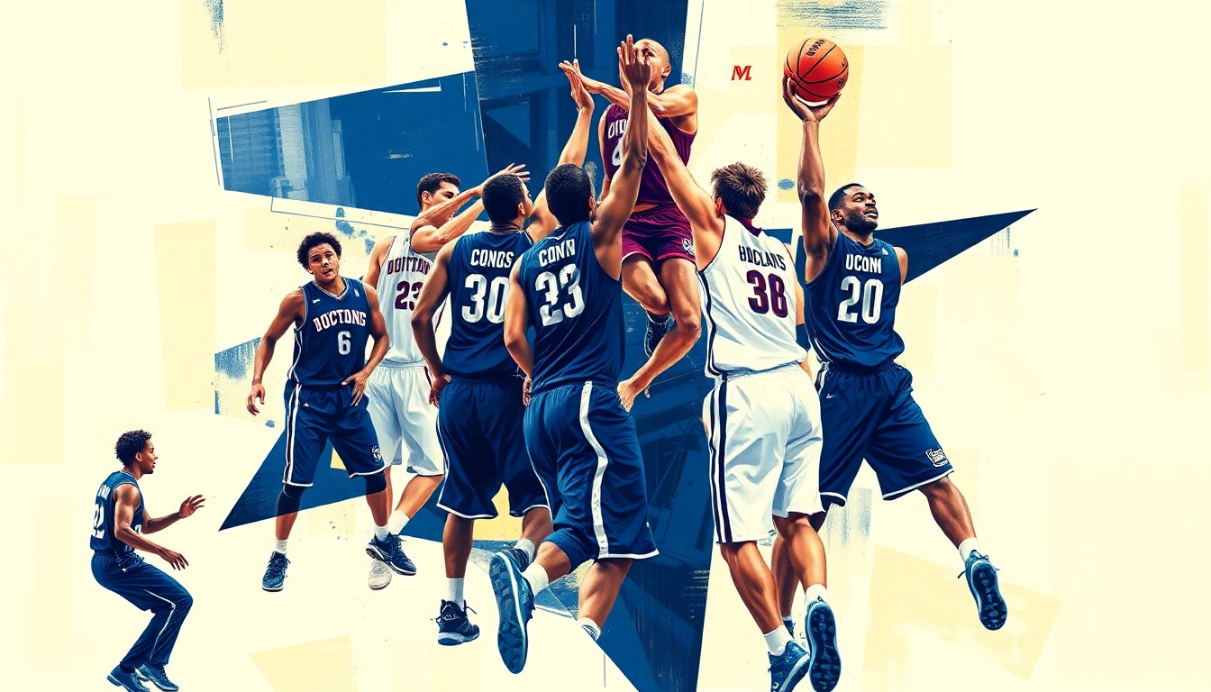 A cubist, geometric painting depicting the chaotic action of a college basketball game, with sharp, overlapping planes of navy blue and white representing the UConn Huskies' uniforms and the frenetic energy of the sport.