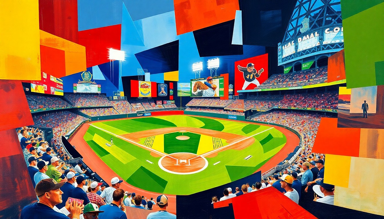 A cubist, geometric painting depicting the dynamic motion and energy of a baseball game, with overlapping planes of bright blues, reds, and yellows conveying the intensity of the action on the field.