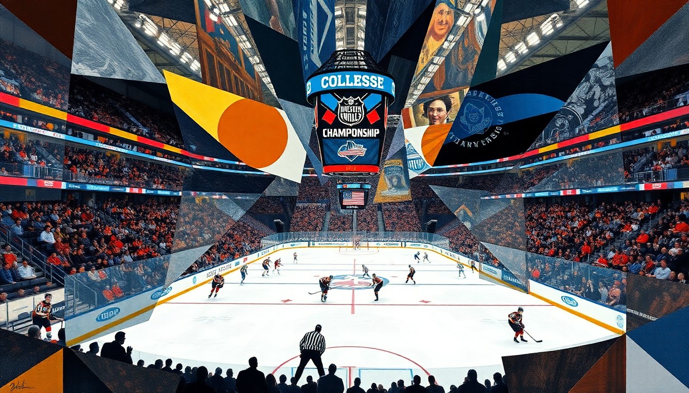 A fractured, multi-perspective painting in a cubist style, breaking down a college hockey championship game into sharp, overlapping geometric planes of color and form, without any recognizable figures or text.