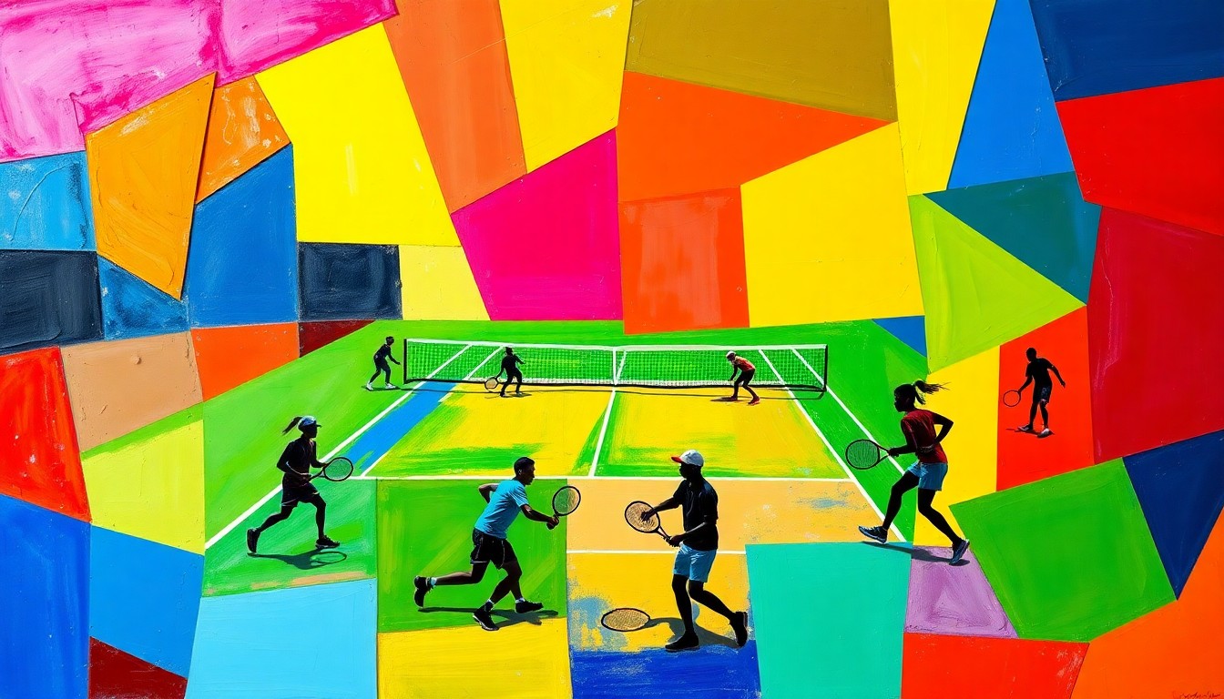 A vibrant, fragmented painting in the cubist style, depicting the dynamic motion and energy of a high school tennis match through overlapping geometric shapes and silhouettes of tennis players in action.