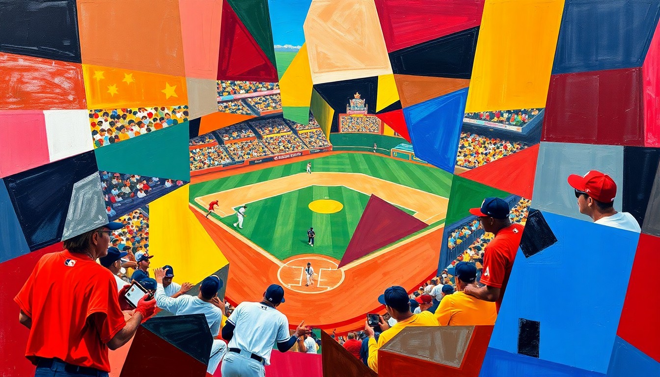 A fragmented, geometric painting depicting a baseball game, with sharp planes of color representing the players and field of play.